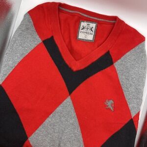 Express Sweater Men's Large Red 100% Cotton Argyle Print Knit V-Neck‎ Pullover
